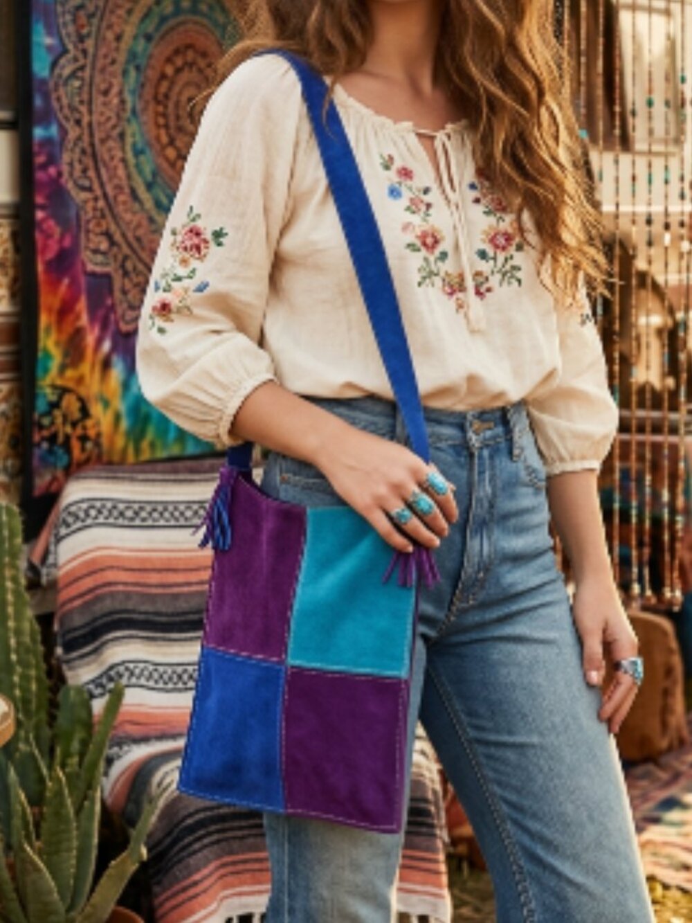 Vtg 70s blue purse suede patchwork fringe hippie boho festival bag purse